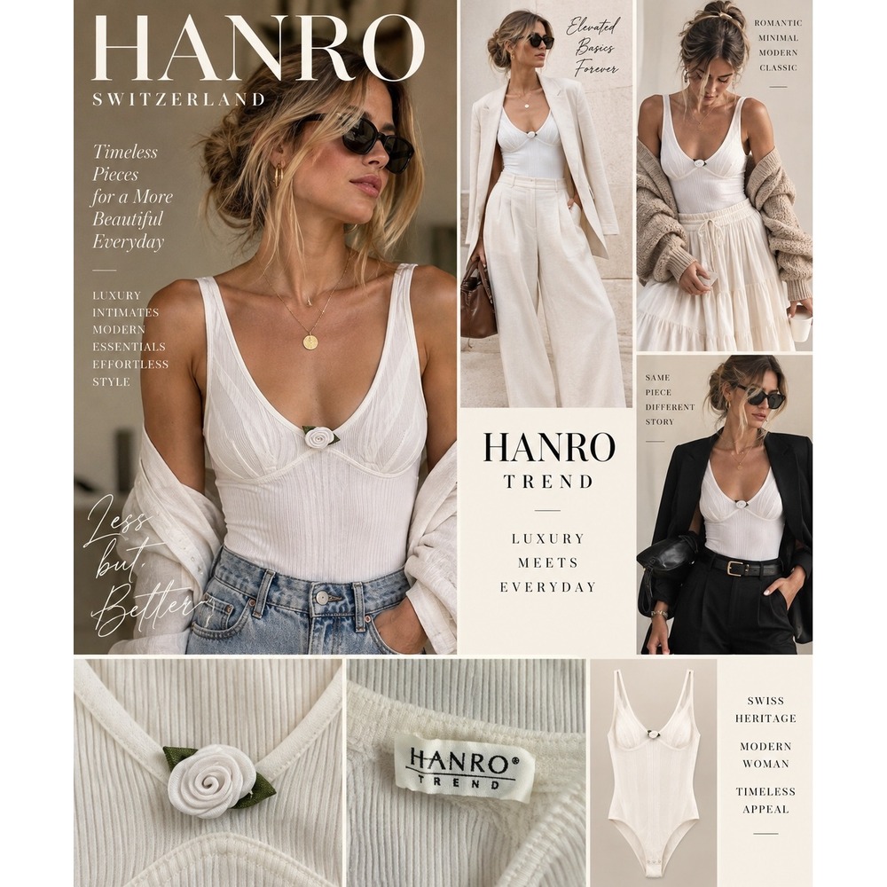 HANRO Trend White Ribbed Bodysuit Rosette Scoop Neck Balletcore Coquette